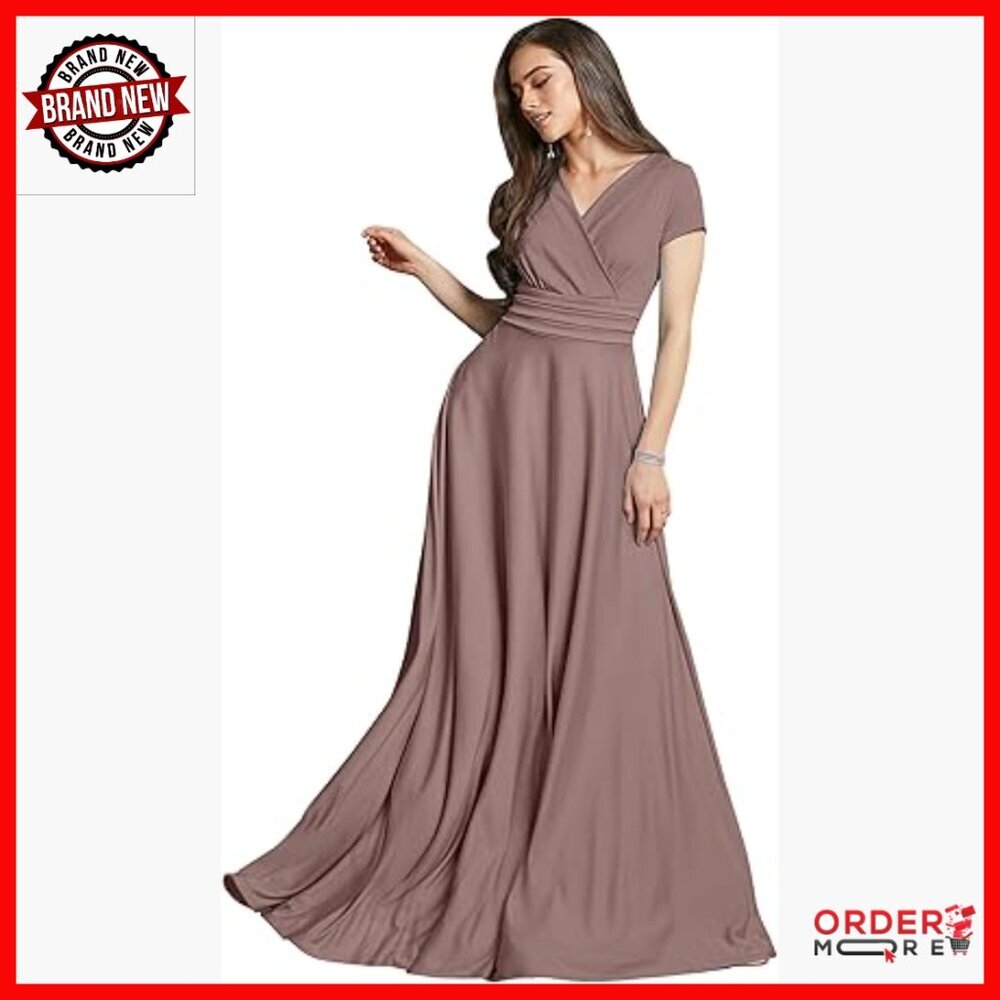 Short Sleeve V-Neck A-Line Maxi Dress Formal Cocktail Gown